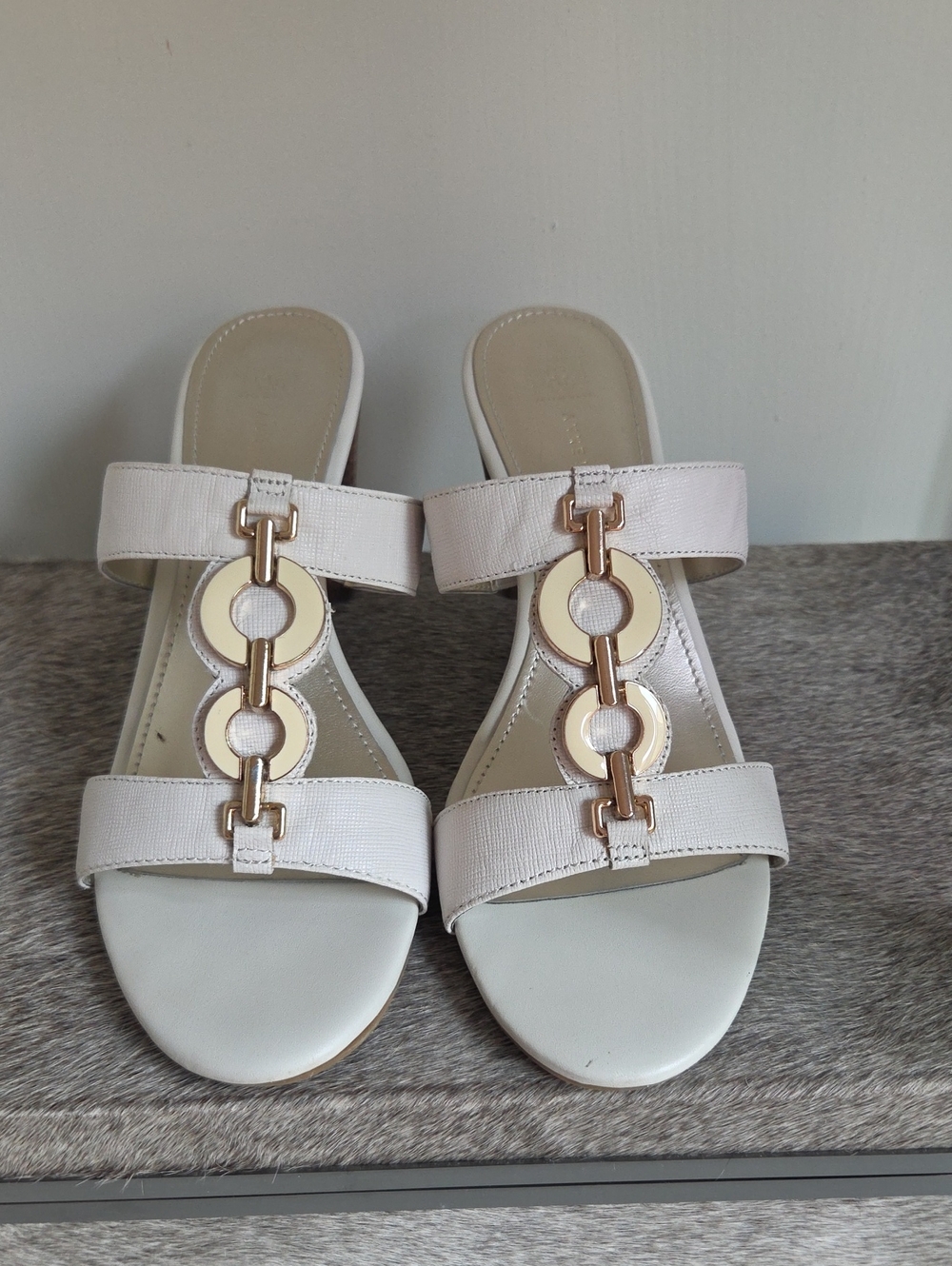 Anne Klein Cream Slide And Heeled Mules with Gold Link Accents